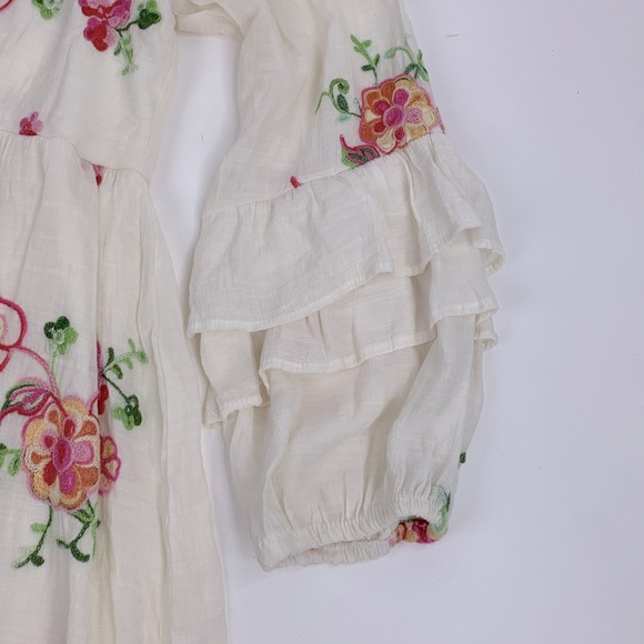 Anthropologie Fig and Flower embroidered Ruffled Sleeve Dress Small Creme Pink - Picture 5 of 14